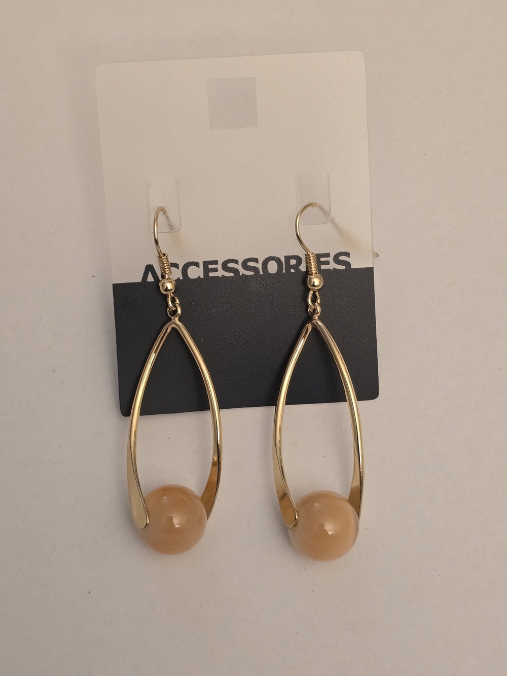 Gold Drop Earrings with Peachy-Beige Bead